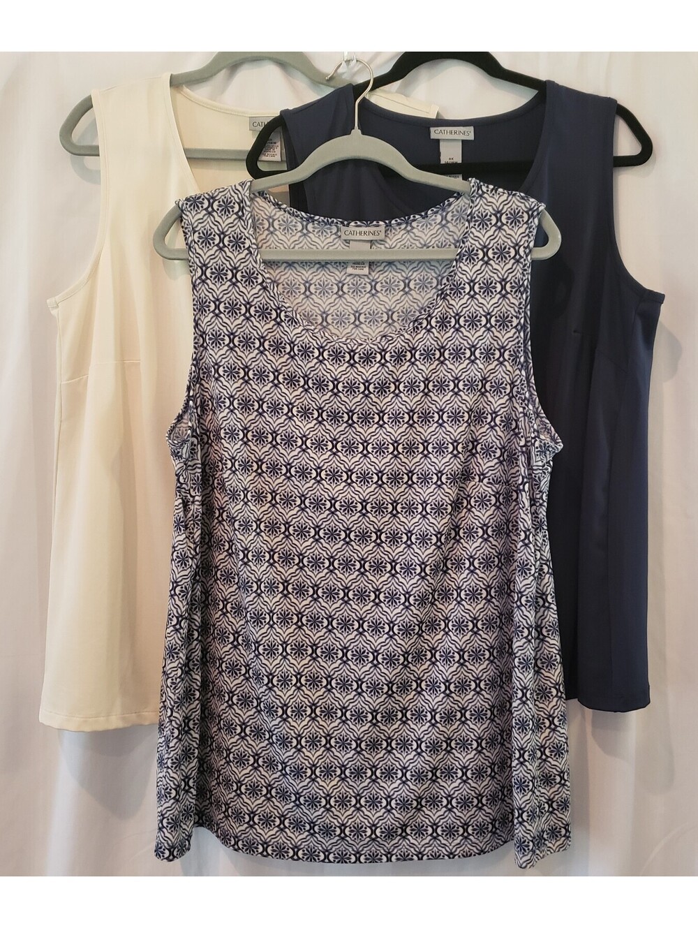 Catherines Womens 0X 14/16W Tank Tops Lot of 3 Business Basics Navy Ivory Print